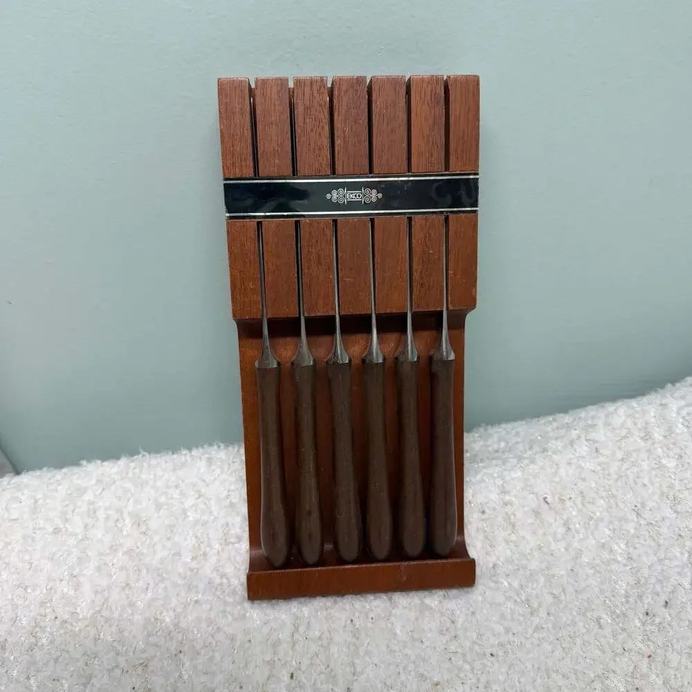 Vintage Ekco Eterna 6-Piece Steak Knife Set with Wall-Mount Wooden Block MCM